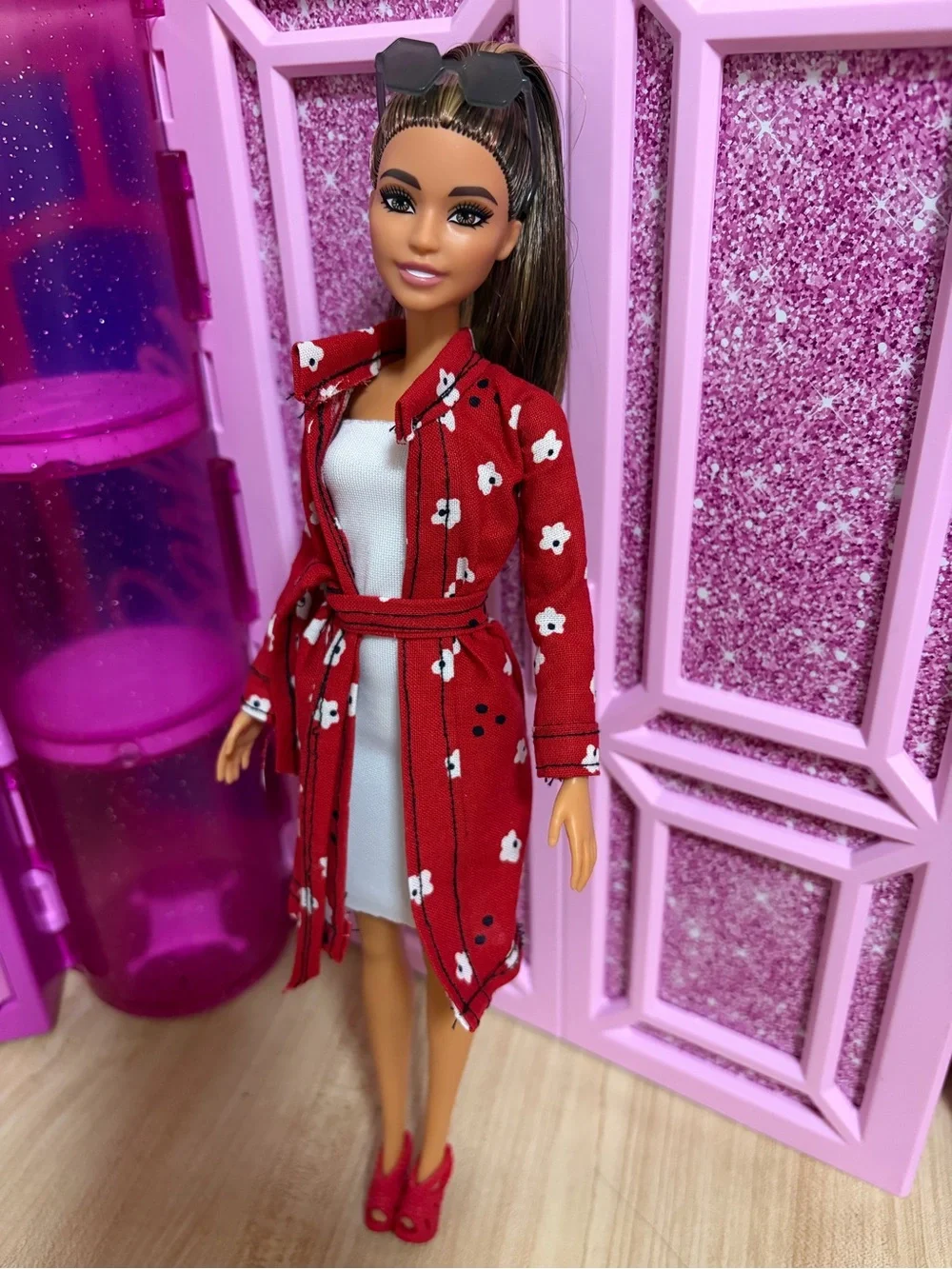Barbie Fashion Doll Trench Coat with Knit Dress and Sunglasses - Blue White